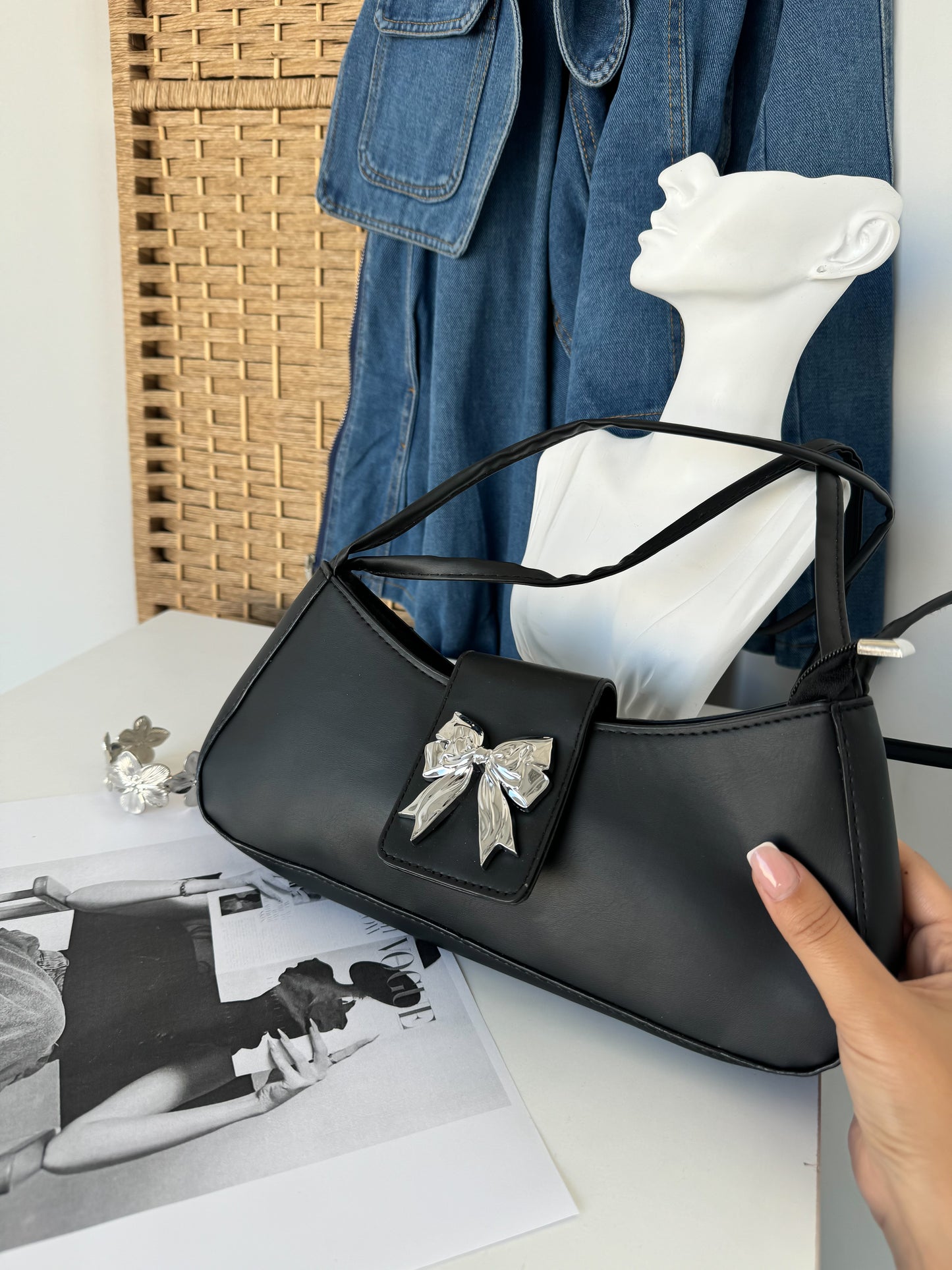 Black Shoulder Bag with Silver Bow Accent