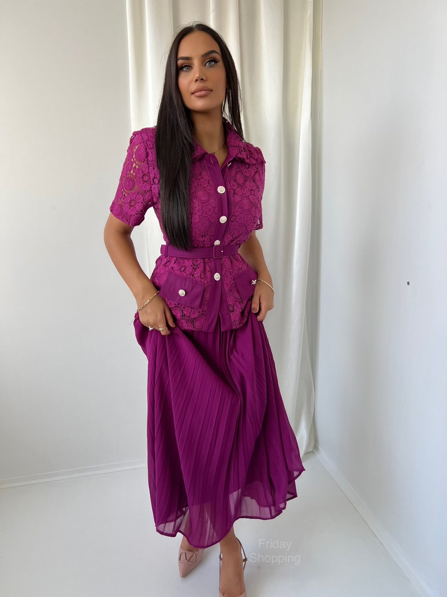 Two Pcs Set Shirt & Belt & Maxi Skirt