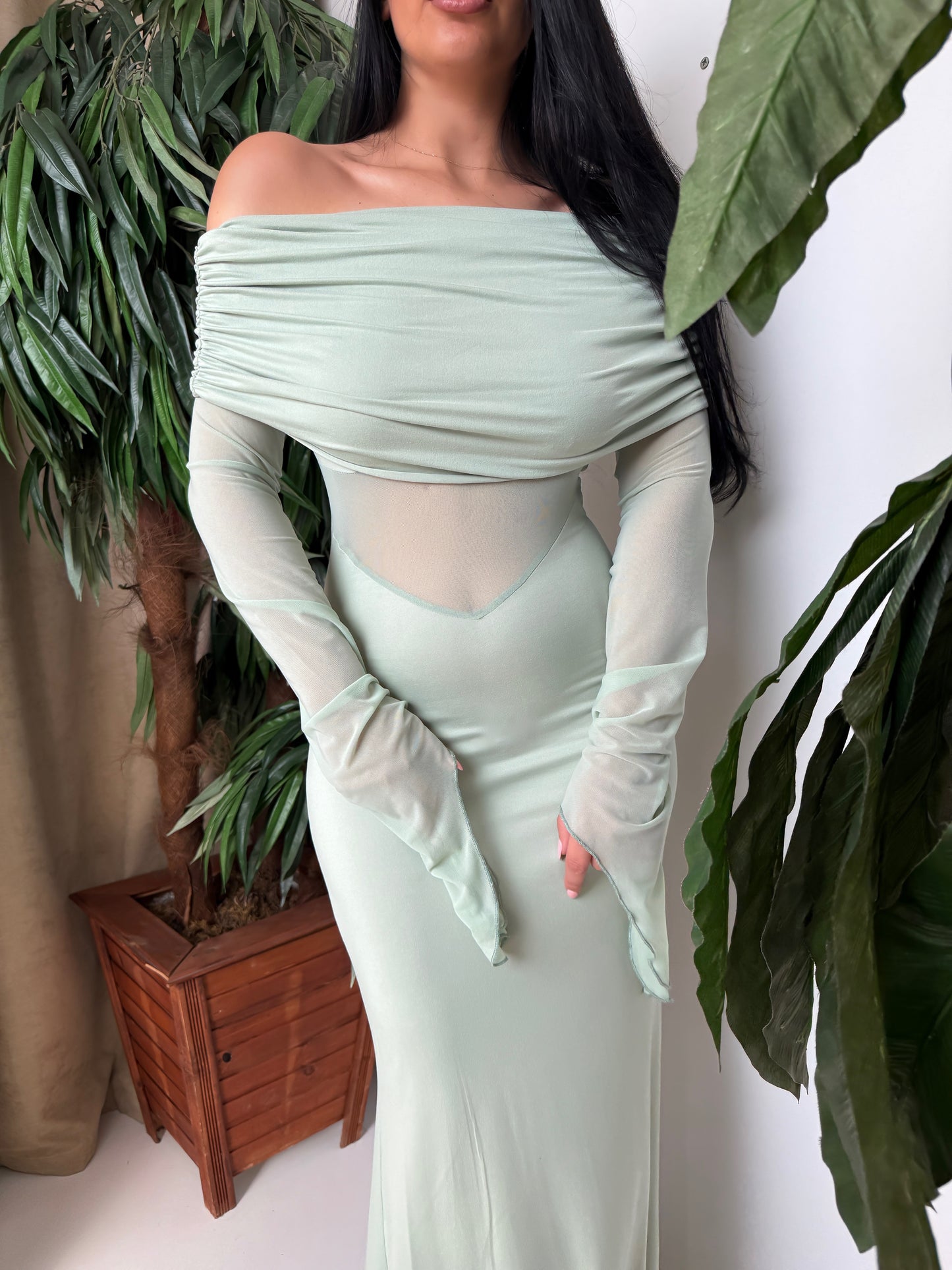 Radiate elegance and grace with this pastel mint long dress.