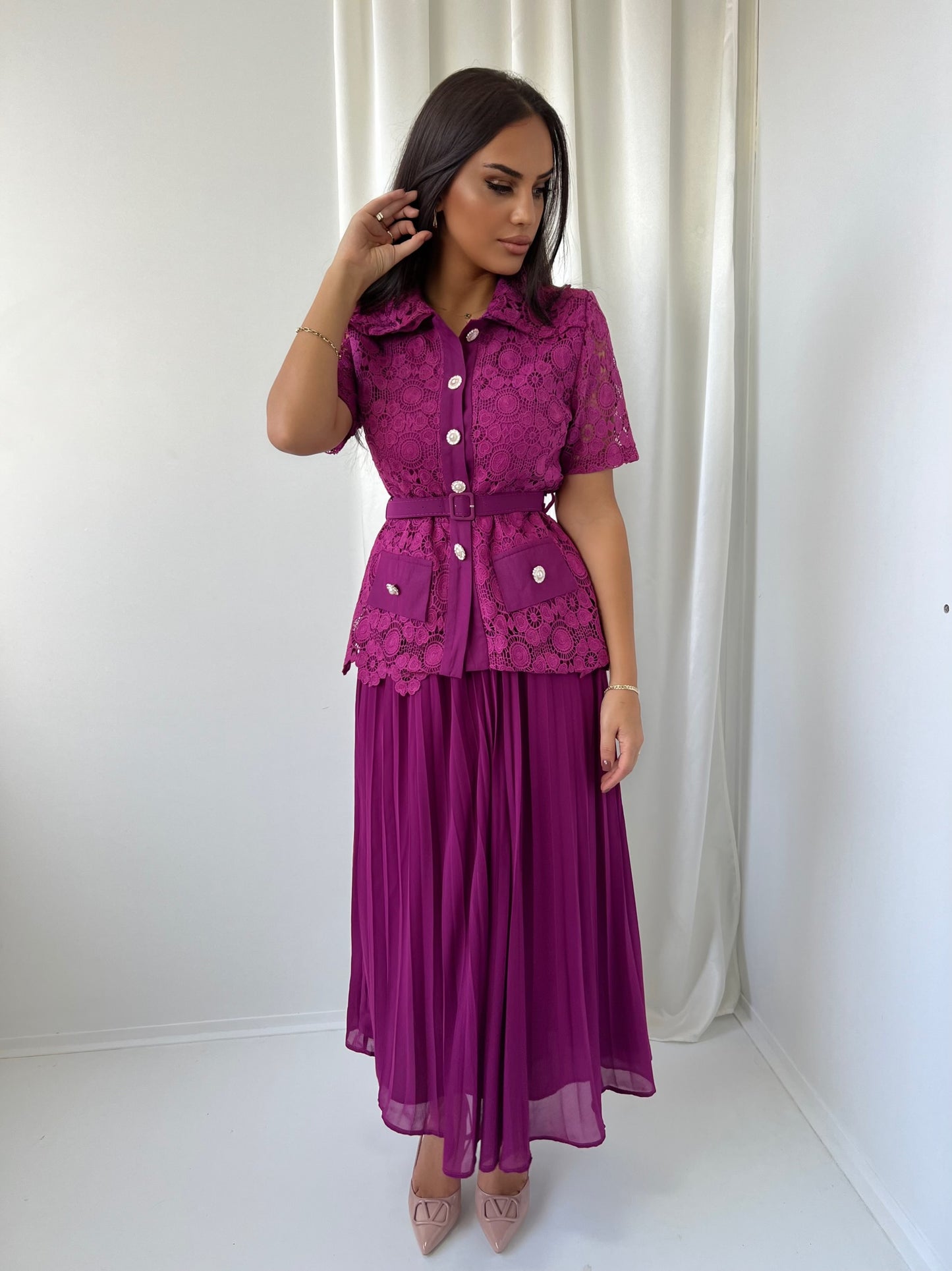 Two Pcs Set Shirt & Belt & Maxi Skirt