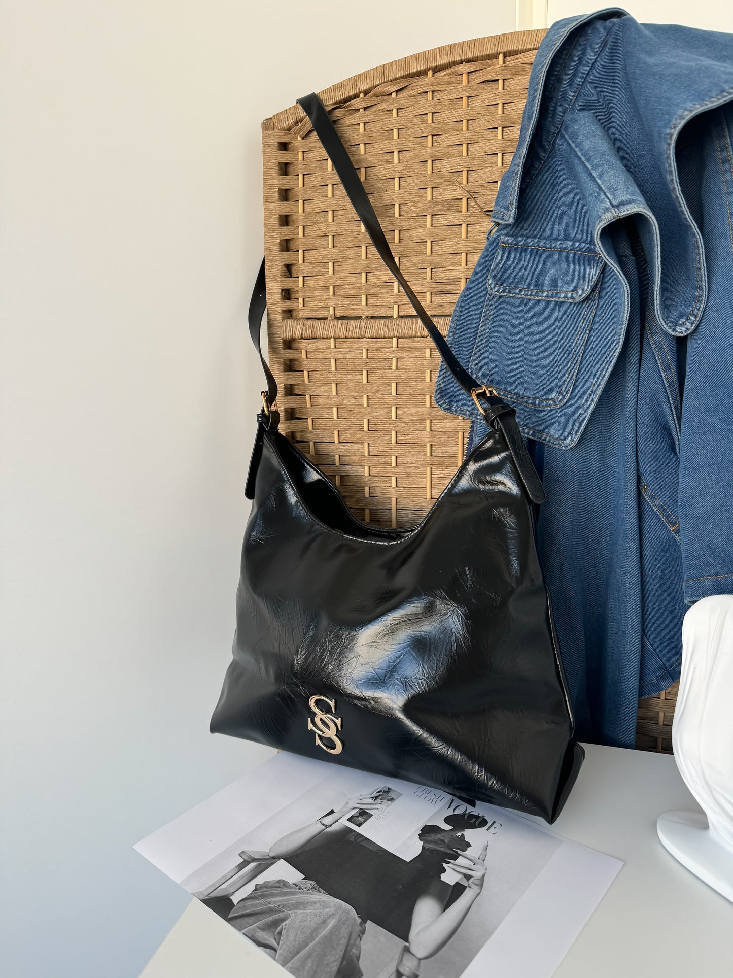 Black Leather Shoulder Bag with Gold Monogram
