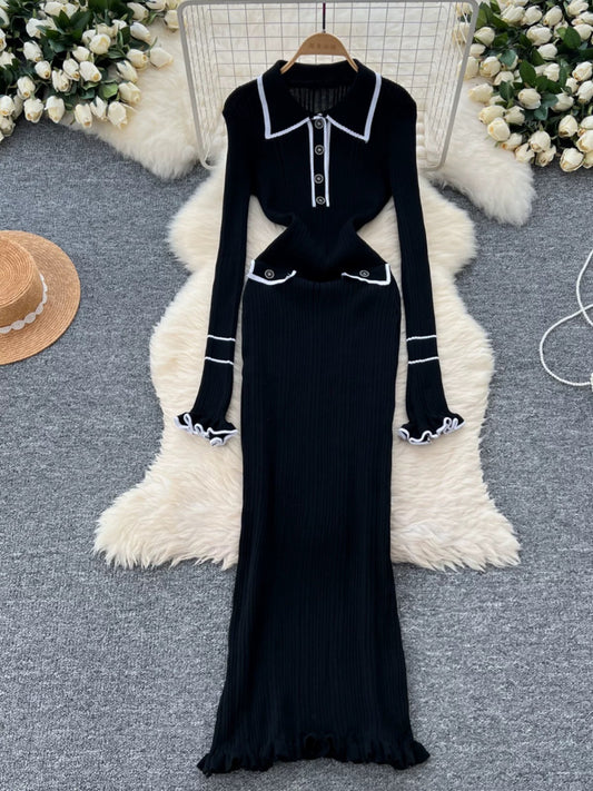 This elegant long black dress is designed with a slim fit silhouette that beautifully hugs the body.